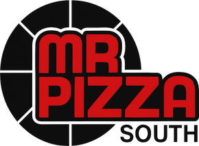 MR Pizza South logo with red text on a black circular background