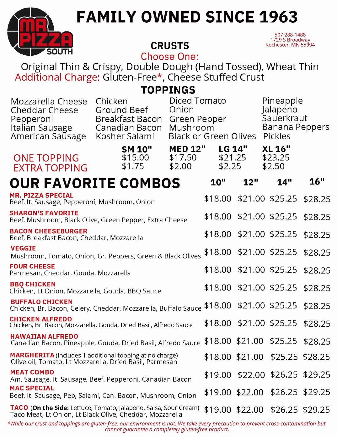 Pizza restaurant menu with logo, toppings, and combo meal listings under “Family Owned Since 1963”