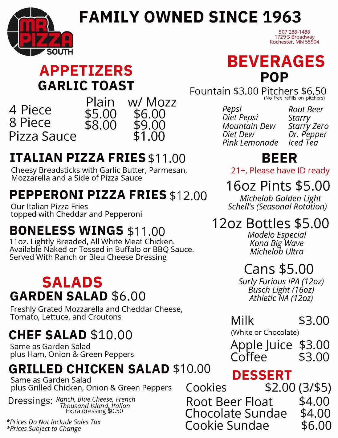 Restaurant menu with appetizers, salads, desserts, and beverages, headed “Family Owned Since 1963.”