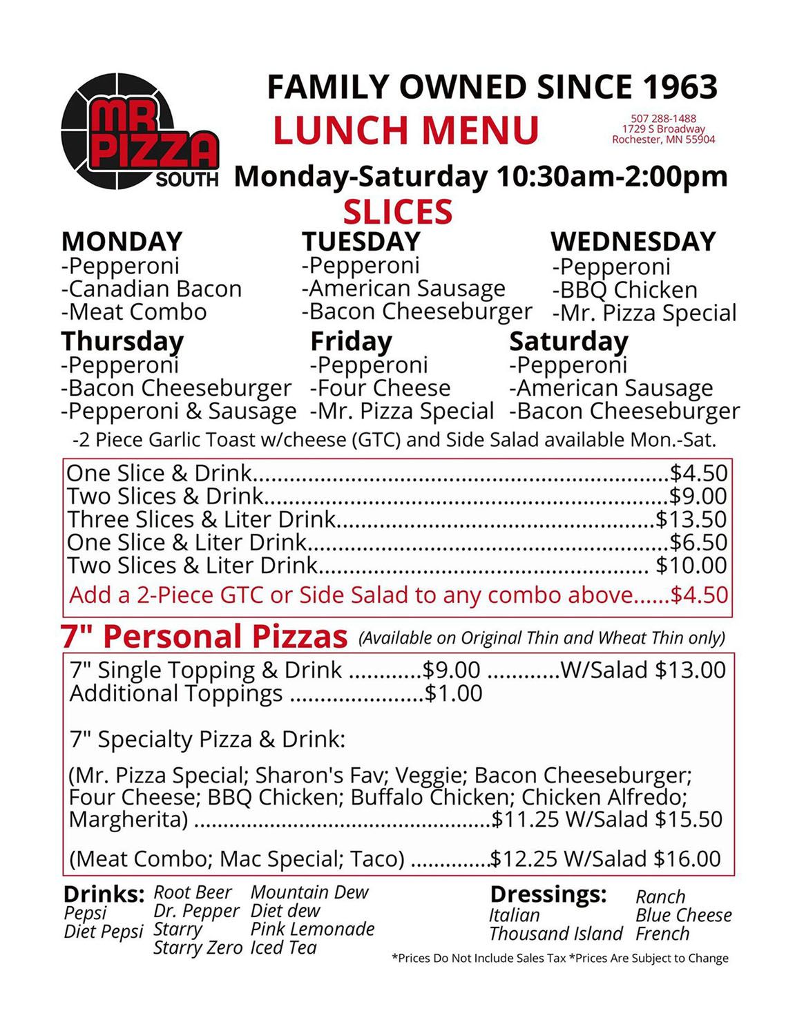 Mexican pizza restaurant menu with hours, lunch specials, and drink list on white background