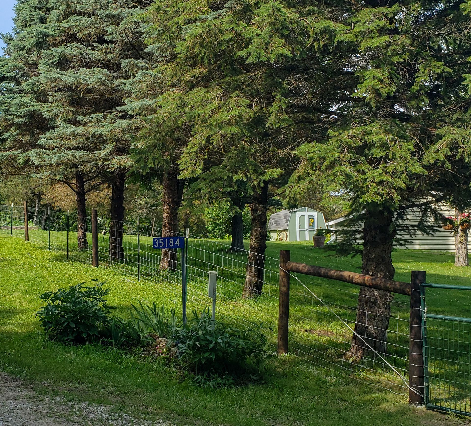A wooden fence surrounds a lush green field with trees and a sign that says ' entry ' on it