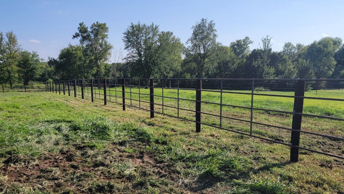 Fence in a green field, with trees in the background under a clear blue sky.