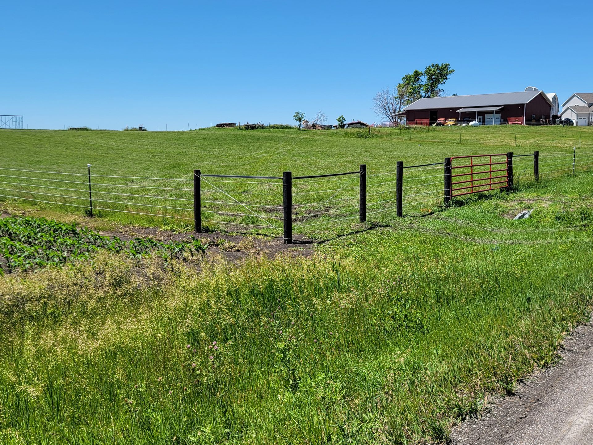 A fence surrounds a grassy field with a house in the background.