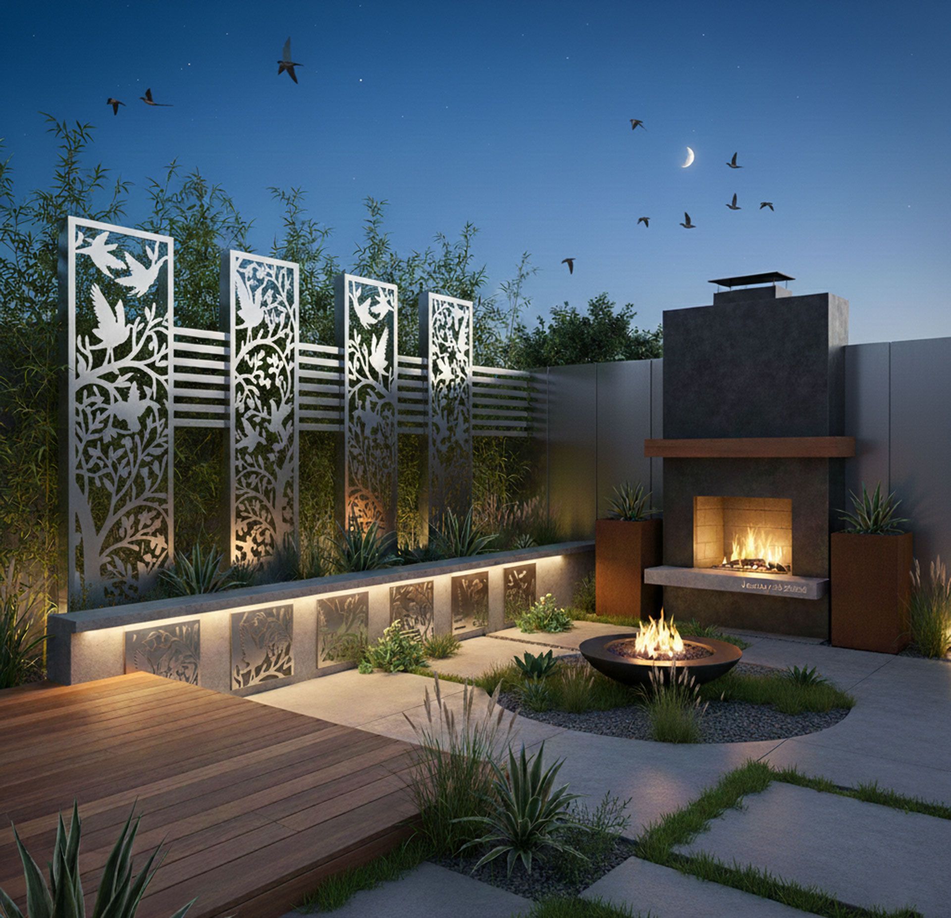 Modern backyard with a lit fireplace, decorative metal panels, and landscaping.