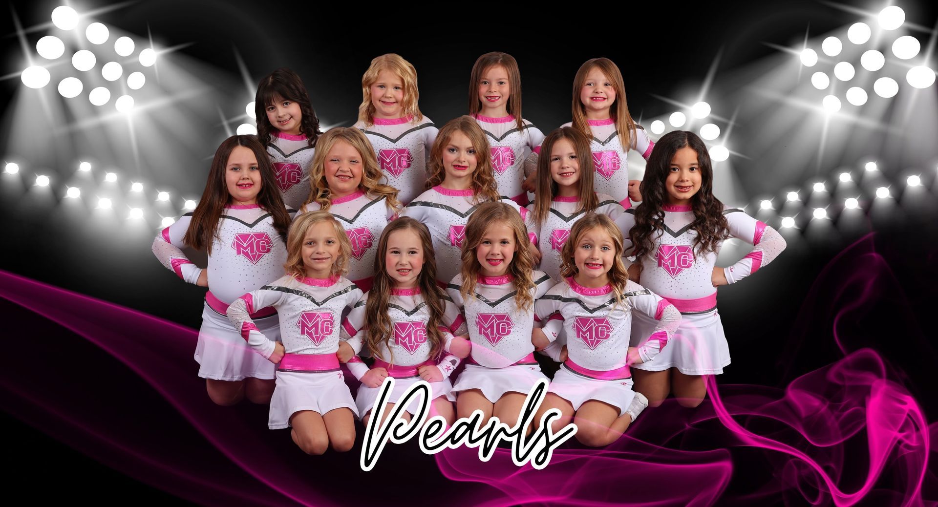 Studio MC Performing Arts Centre Cheer Leaders in white and pink uniform