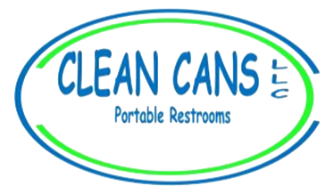 A logo for Clean Cans LLC, featuring the company name and Portable Restrooms in blue text within an oval blue and green frame.