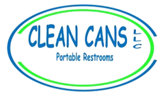 A logo for Clean Cans LLC, featuring the company name and Portable Restrooms in blue text within an oval blue and green frame.