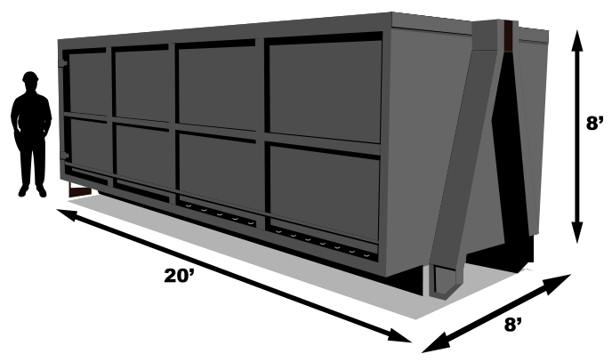 A large, rectangular gray dumpster measuring 20 feet long, 8 feet wide, and 8 feet tall, shown next to a human silhouette.