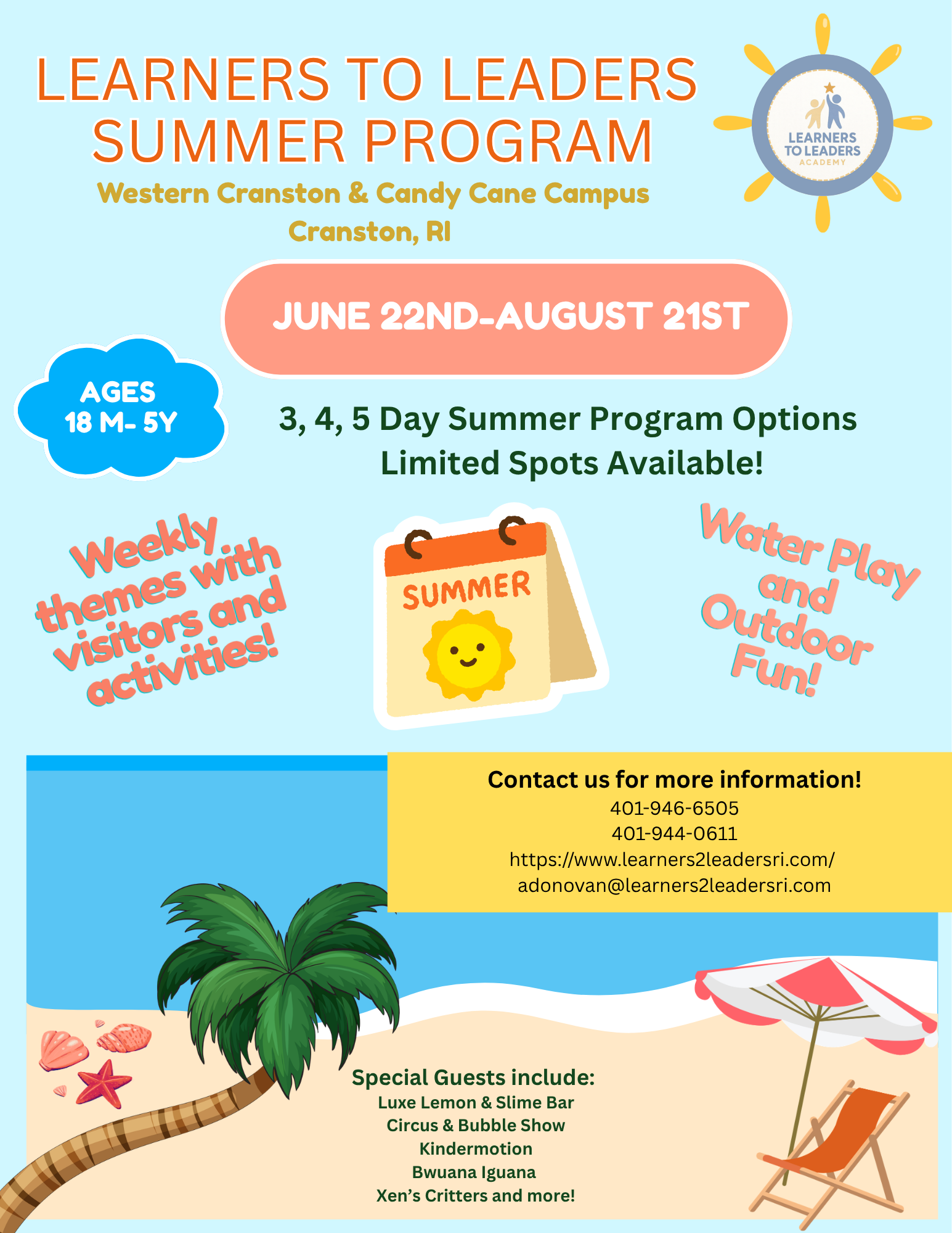 Flyer for Learners to Leaders Summer Program in Cranston, RI, offering 3-5 day options from June 22nd to August 21st.