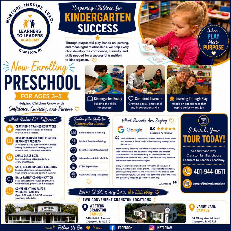 Preschool and kindergarten enrollment flyer with children, class photos, blue and gold text, and contact info