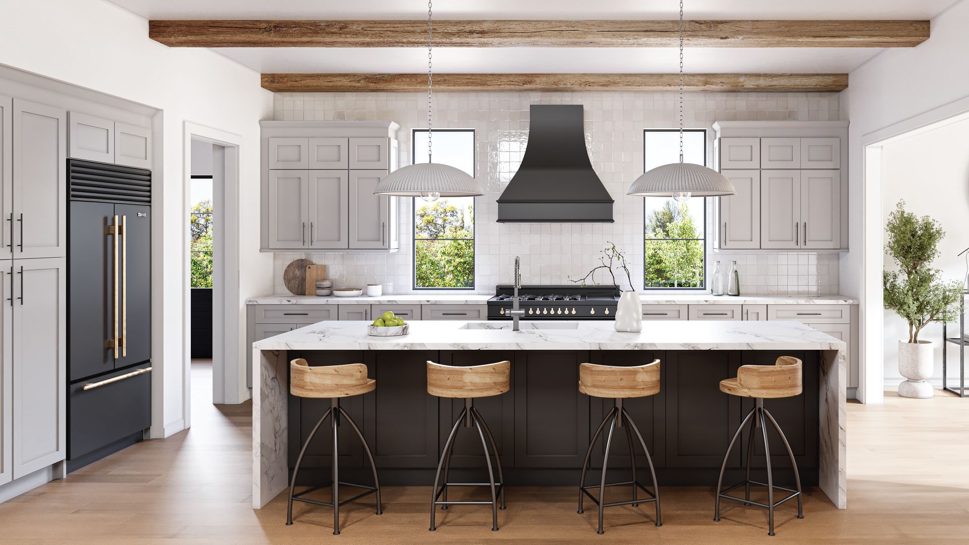 Bright modern kitchen with gray cabinets, large island, black range hood, and four wooden stools