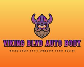 Purple "Viking Blvd Auto Body" logo text on a white background