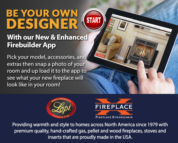 Ad for fireplace app. Person holding tablet showing fireplace design. Text: 
