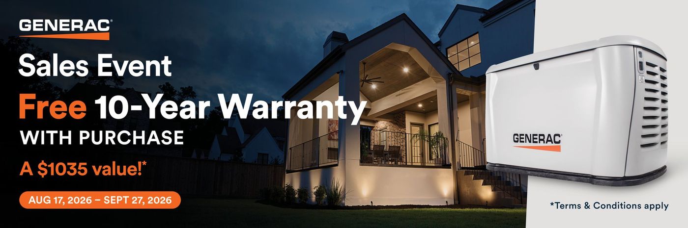 Generac sales event banner with free 10-year warranty on a house and generator at dusk