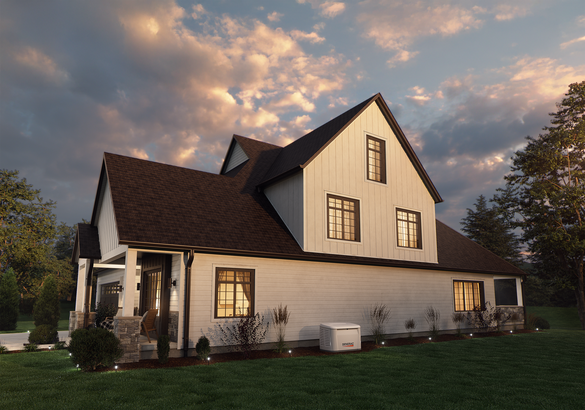 A white farmhouse with a dark roof at sunset, surrounded by a green lawn and cloudy sky.
