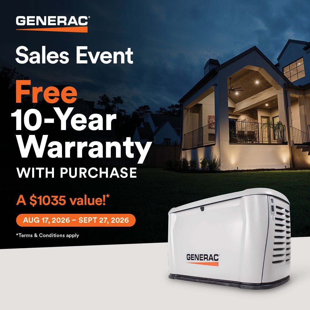 Generac sales event ad: free 10-year warranty with purchase of a $1035 value!