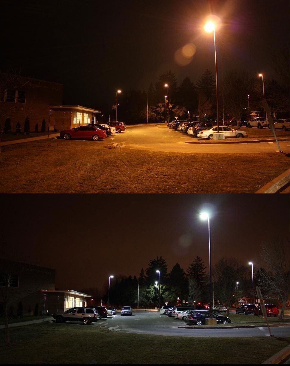 Nighttime parking lot scene with streetlights; top image is much darker than the brighter bottom image.