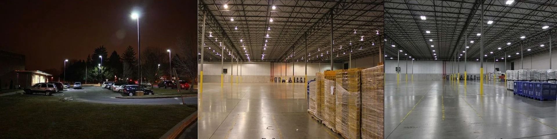 Wide industrial warehouse interior with rows of stacked boxes and bright lights, plus a dark outdoor parking lot at left