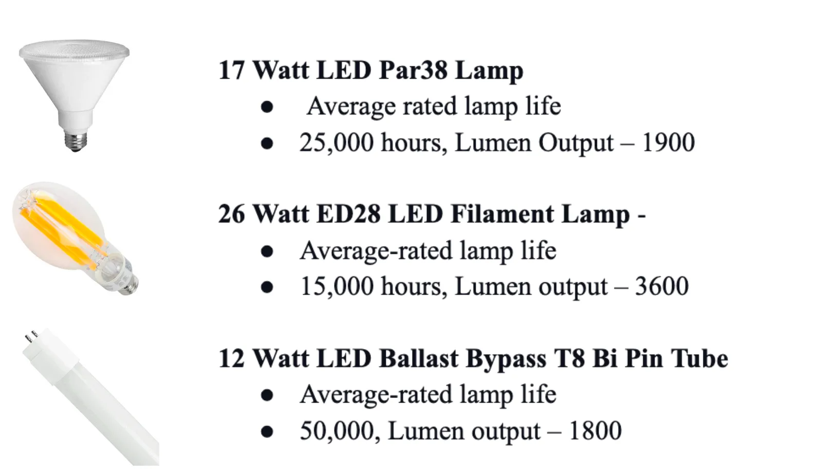 Comparison chart of three LED lamps with wattage, average rated life, and lumen output values.