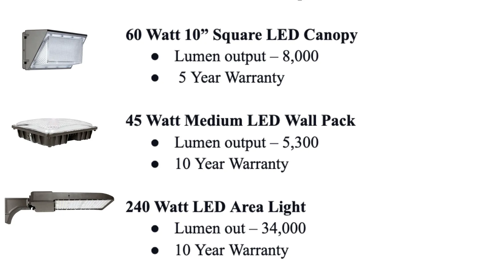 LED lighting product list: 60W square canopy, 45W medium pack, and 240W area light with lumens and warranty info
