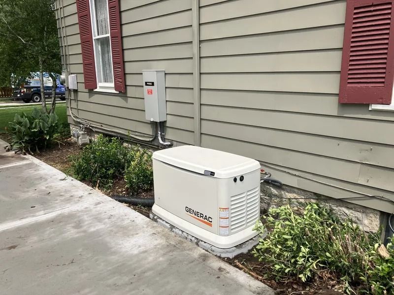 White whole-house generator beside a beige house with red shutters, on a concrete pad near shrubs