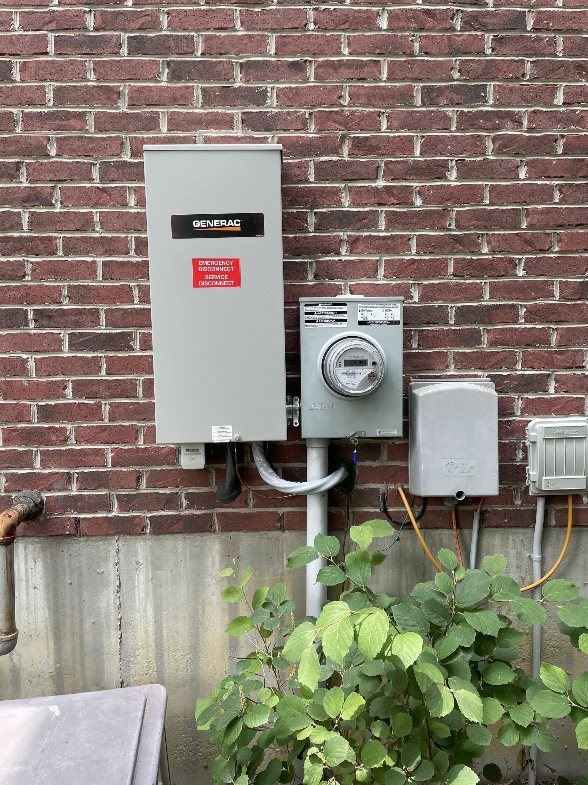 Electrical meter boxes mounted on a brick wall above a concrete foundation and leafy plants