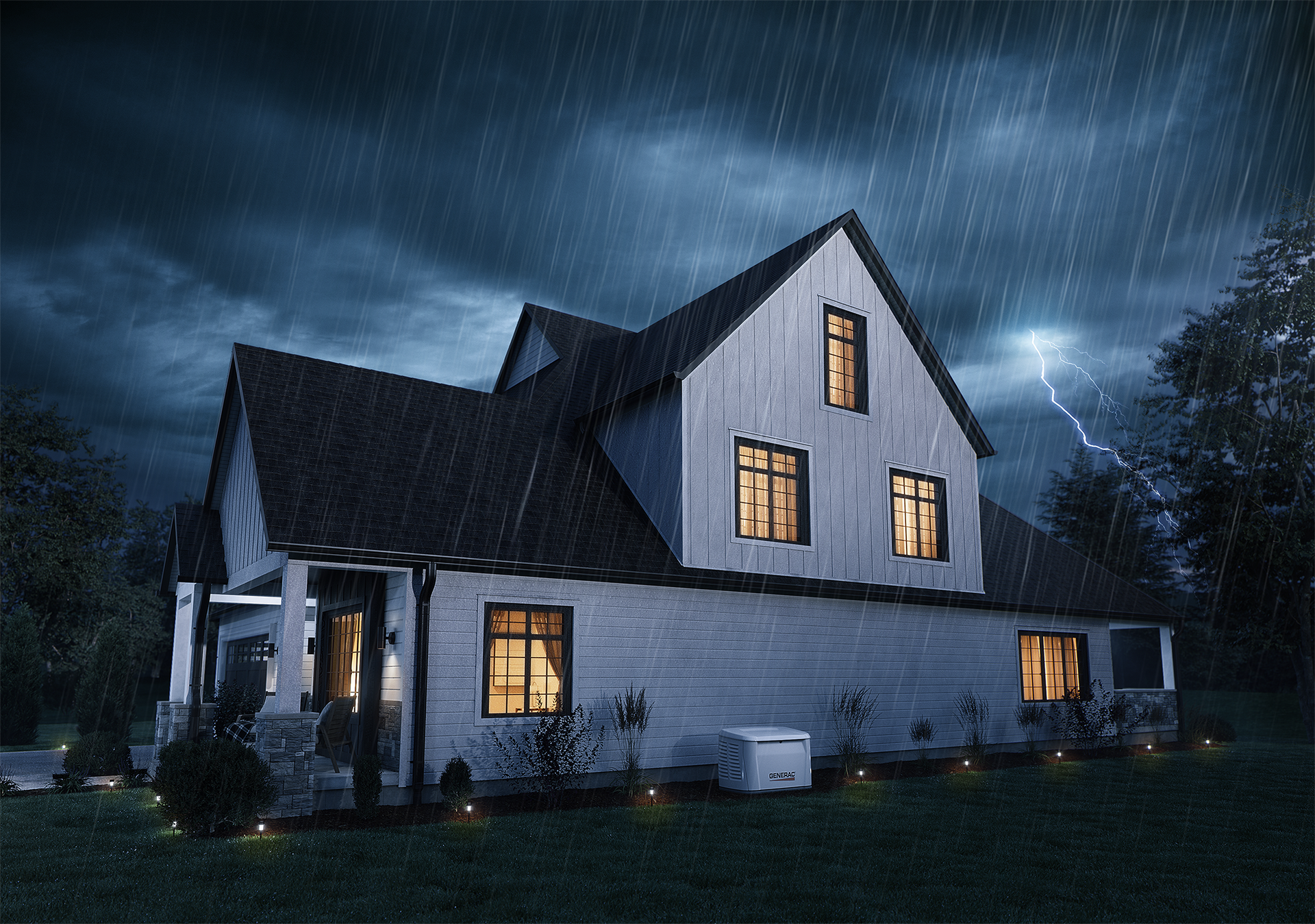 House in a storm at night with rain, lightning, and lit windows