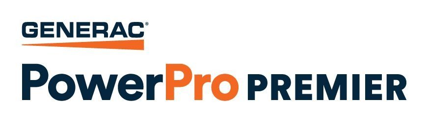 Generac PowerPro Premier logo in blue, orange, and black on a white background