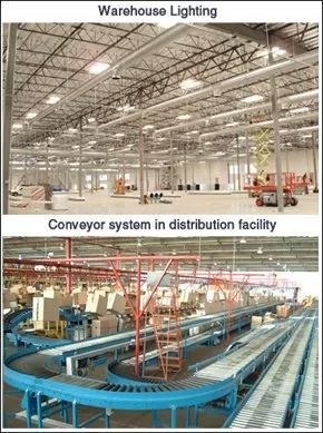Warehouse and distribution facility with bright overhead lighting and blue conveyor system.