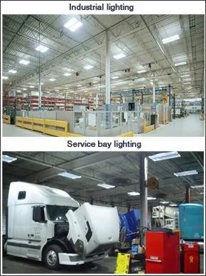 Industrial and service bay lighting comparison in a warehouse with trucks and equipment