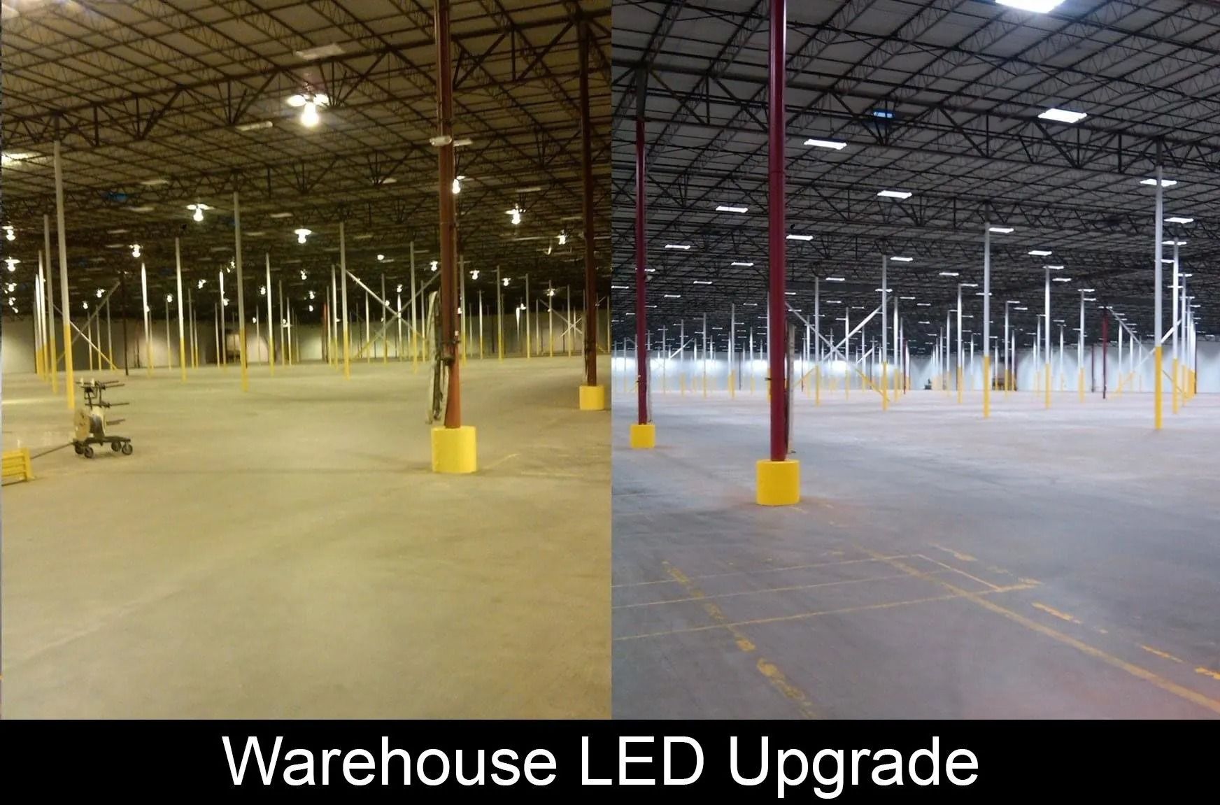 Warehouse interior with bright LED lighting and rows of support columns labeled “Warehouse LED Upgrade”