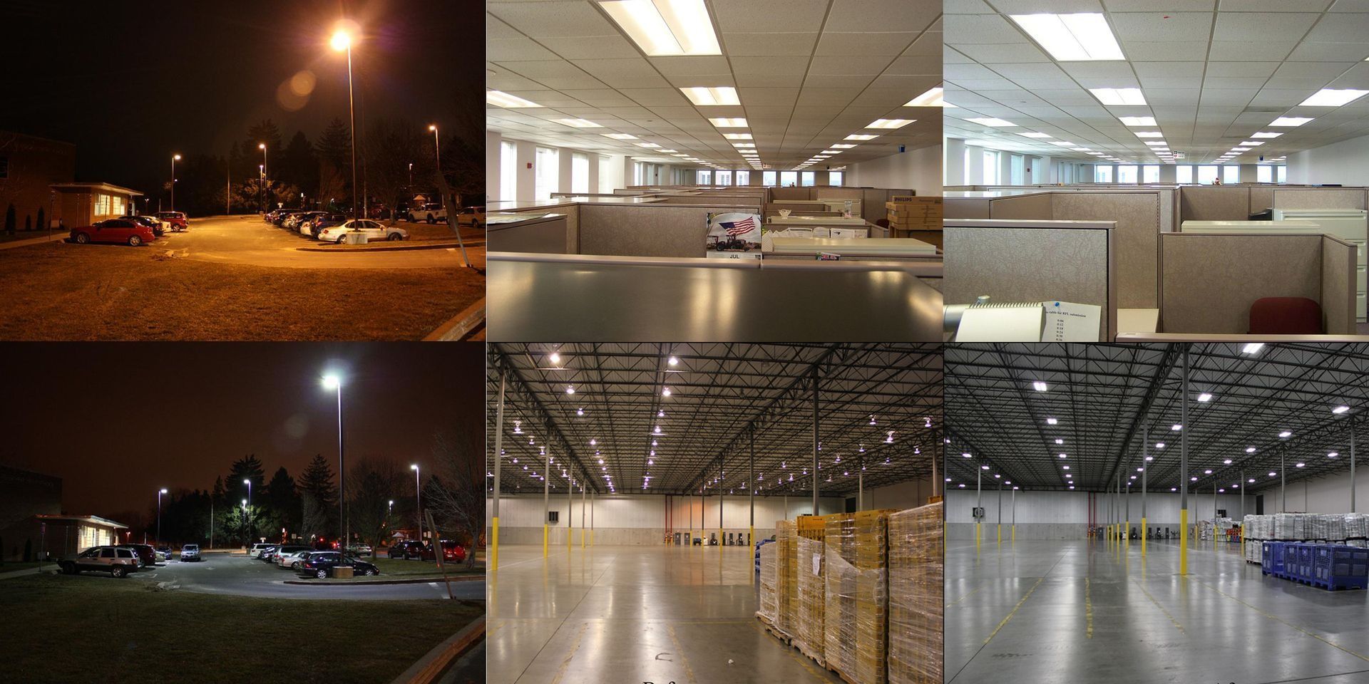 Collage of office and warehouse interiors, plus night parking-lot scenes with streetlights and cars.