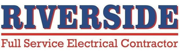 Logo for Riverside Full Service Electrical Contractor; blue text on red, red line underneath.