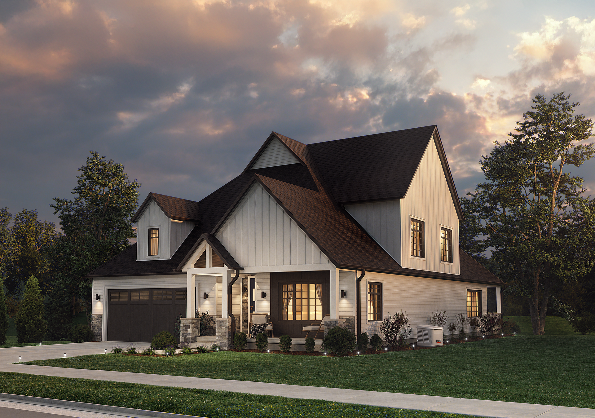 Modern two-story house with dark roof, white siding, and a lit porch at dusk