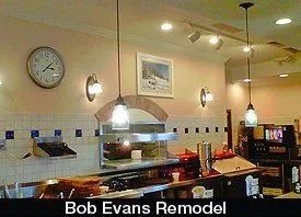 Restaurant counter with hanging lights, clock, tiled backsplash, and “Bob Evans Remodel” text at bottom