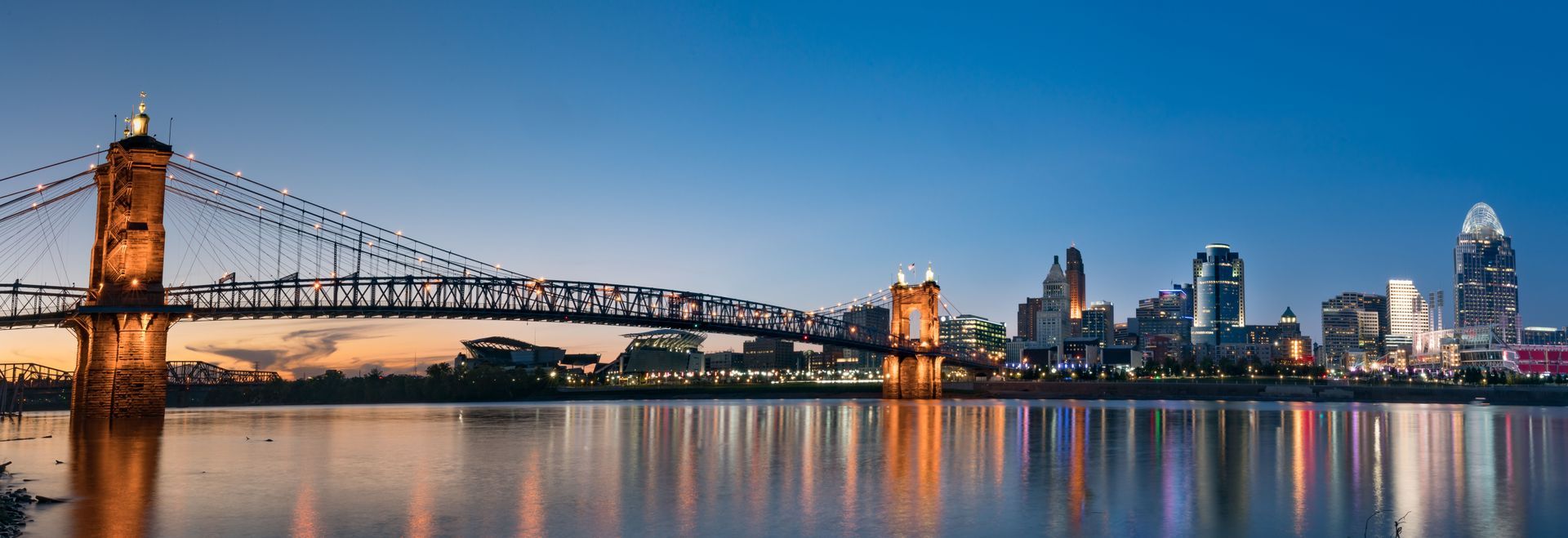 City skyline at dusk with a lit suspension bridge spanning calm water