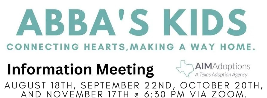 Flyer for Abba's Kids Information Meeting via Zoom. Dates are listed.