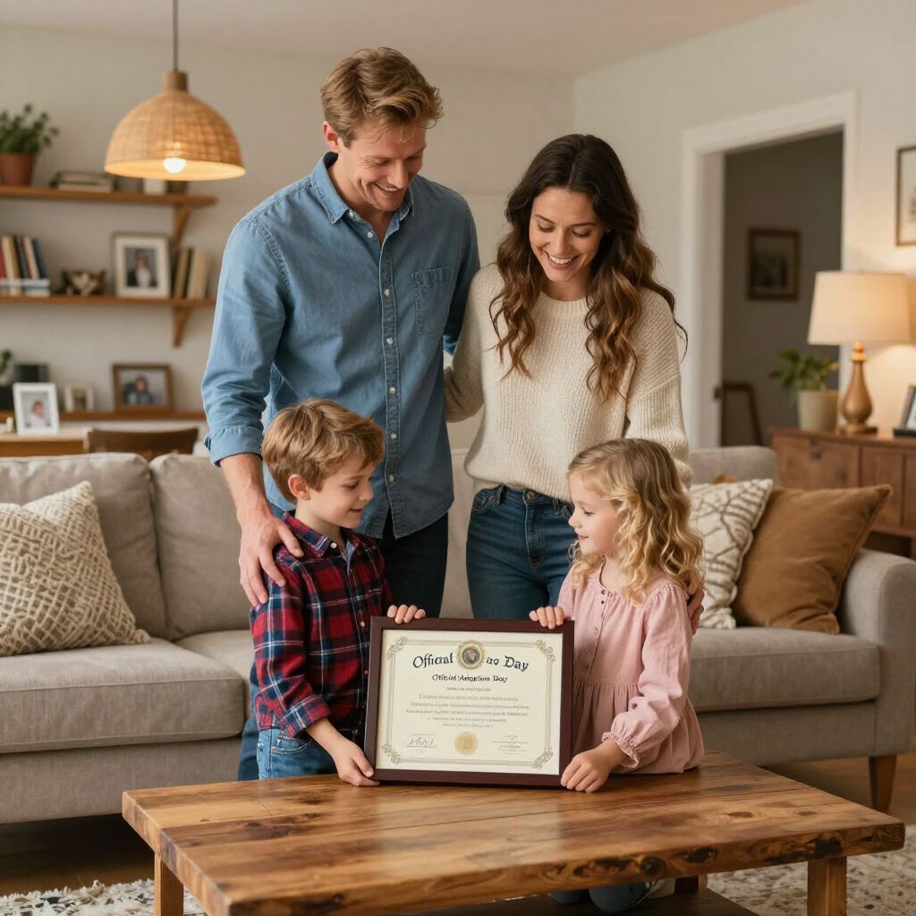 Family of four smiling, holding a framed document in the living room.