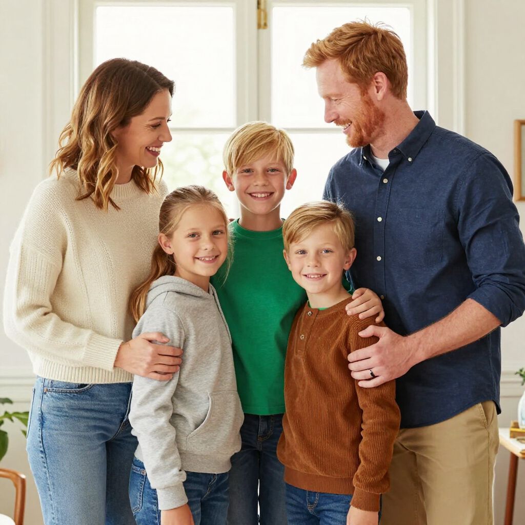 Family of five smiling, gathered indoors. Two parents, three children, looking at the camera.