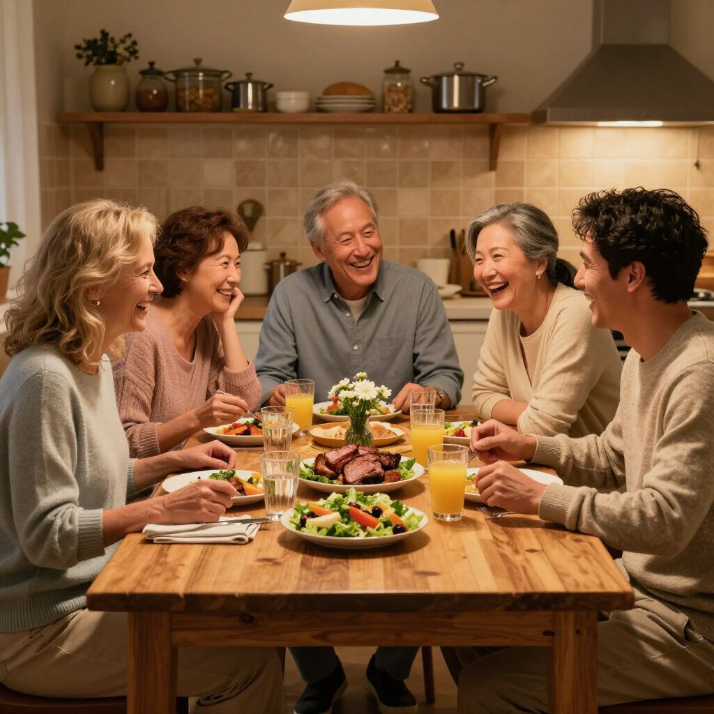 Family laughing around a wooden table in a kitchen, enjoying a meal of vegetables and meat.