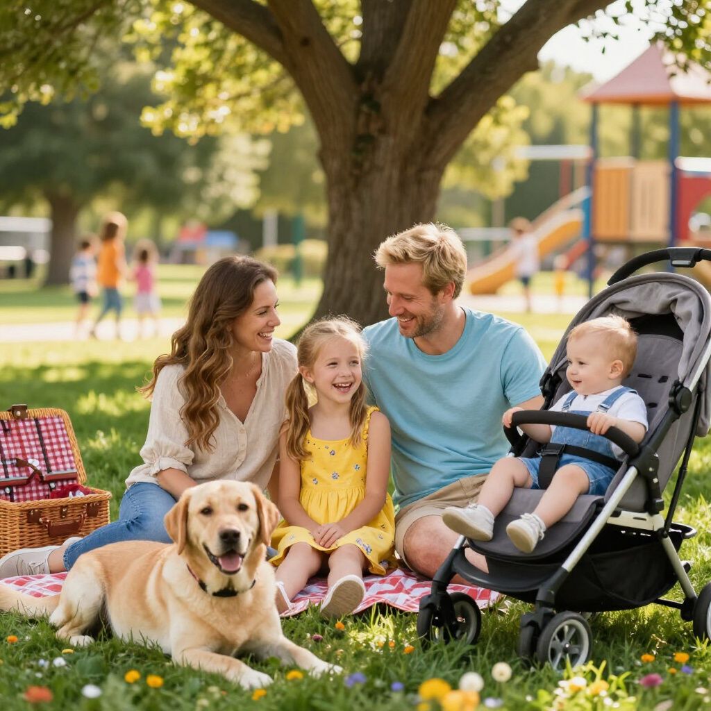 Family picnicking in a park with a dog and a baby in a stroller.