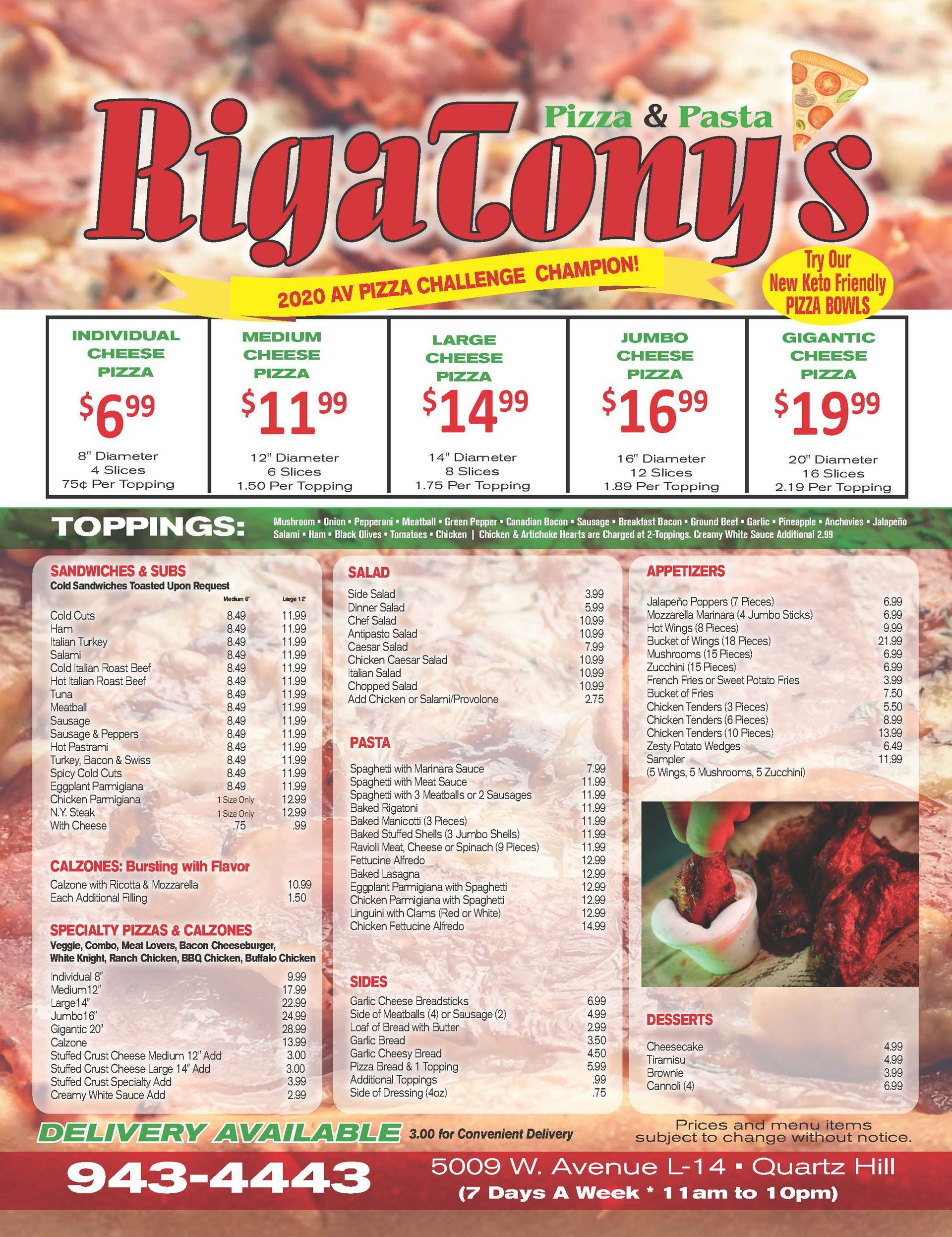 RigaTony's Pizza & Pasta Menu