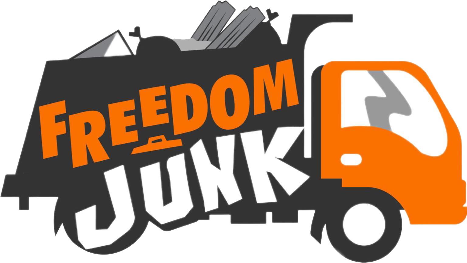 The logo for freedom junk shows an orange and black truck