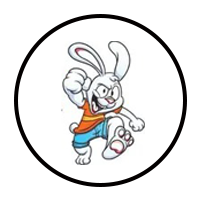 Cartoon white rabbit in orange shirt and blue shorts jumping inside a black circle