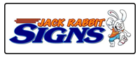 Jack Rabbit Signs logo with blue and orange text and a cartoon rabbit