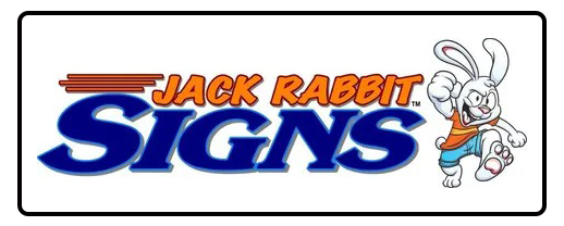 Jack Rabbit Signs logo with blue and orange text and a cartoon rabbit on a white background