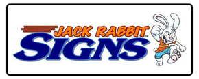 Jack Rabbit Signs logo with blue and orange text and a cartoon rabbit on a white background