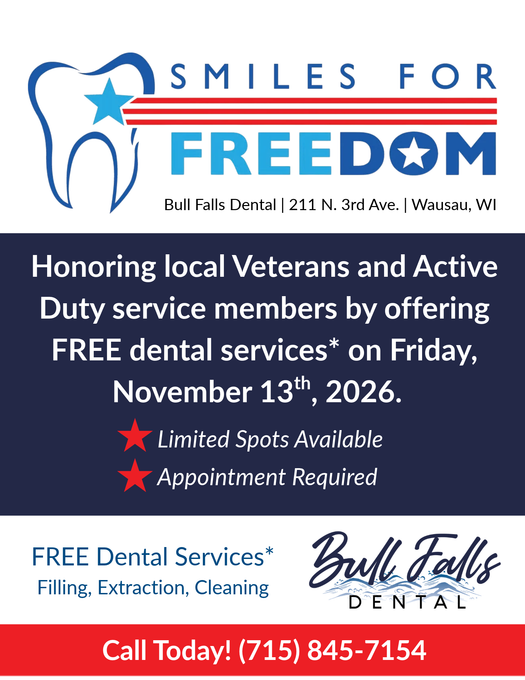 Smiles for Freedom dental flyer offering free dental services to veterans and active duty on Nov. 13, 2026.