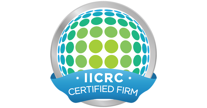 IICRC Certified Firm logo with a globe made of green circles on blue banner.
