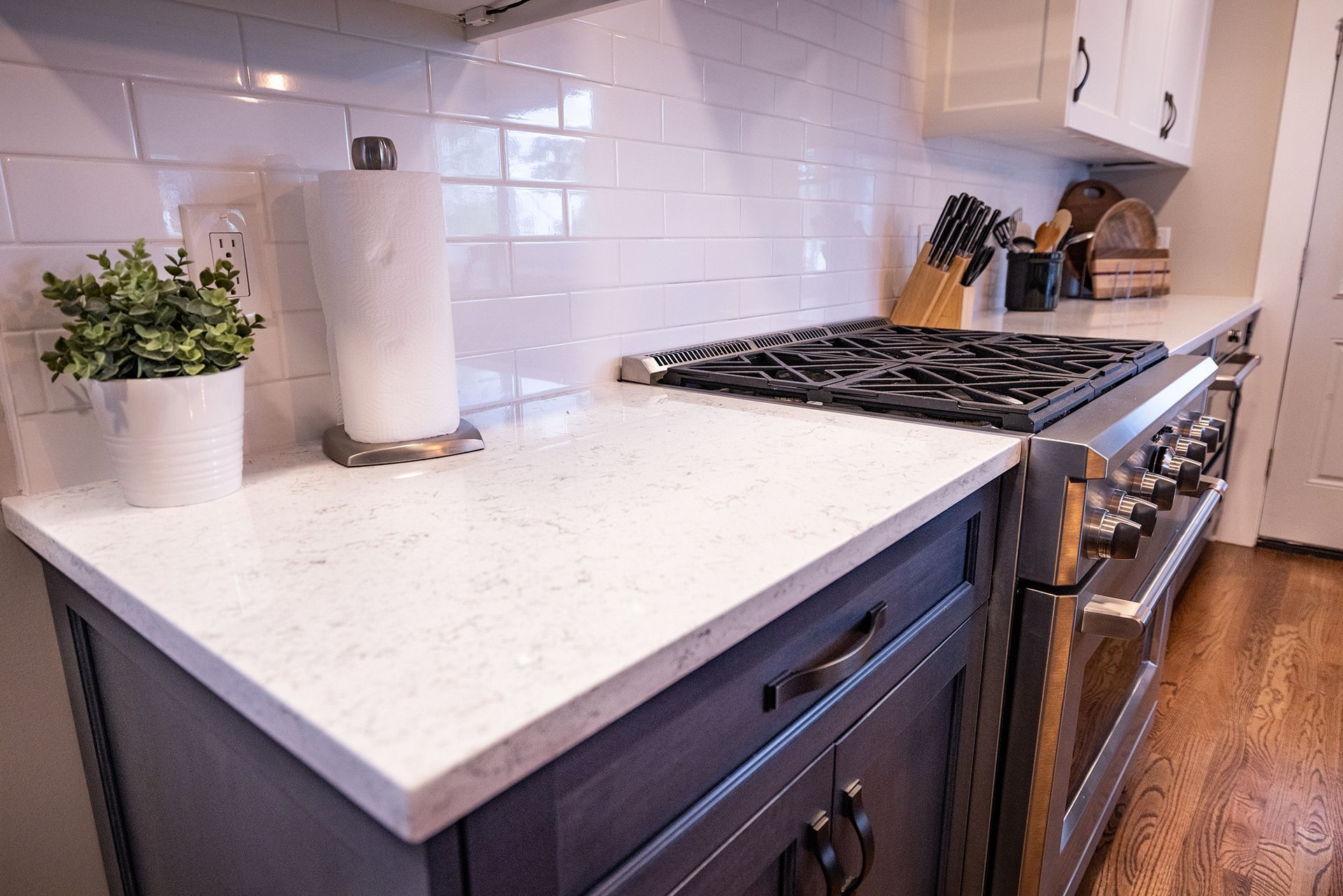 A kitchen with a stove and a potted plant on the counter.